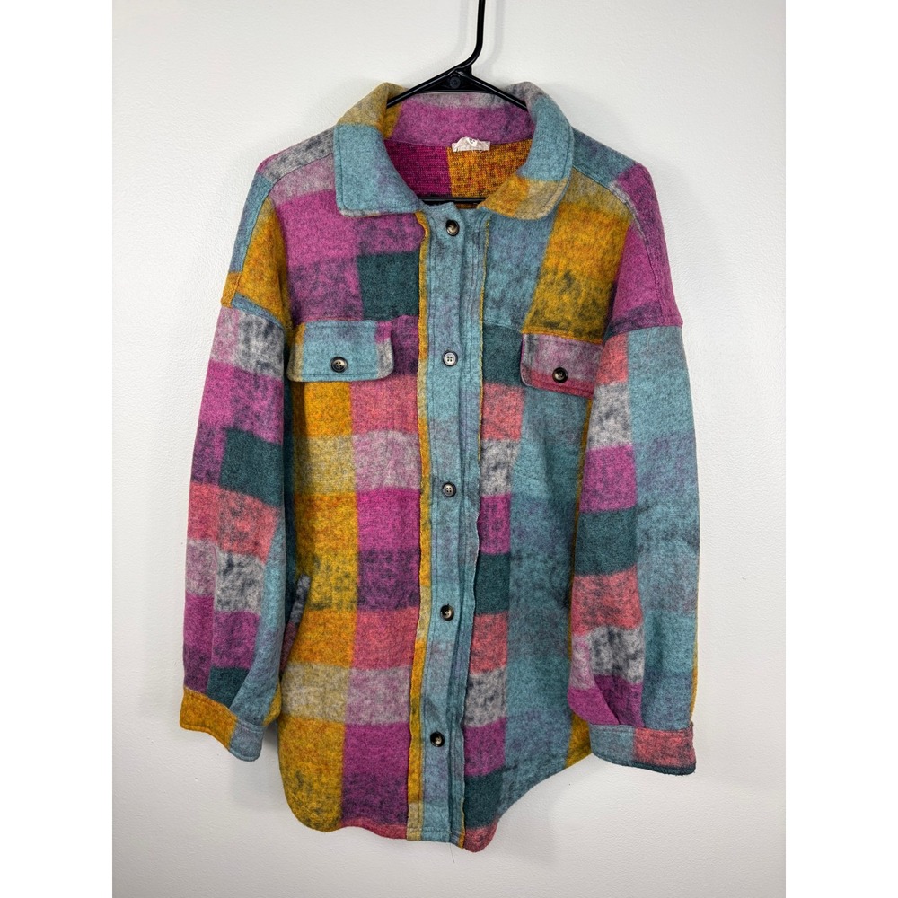 Bibi Plaid Button Front Shacket Brushed Flannel Colorful Women's Medium Boho